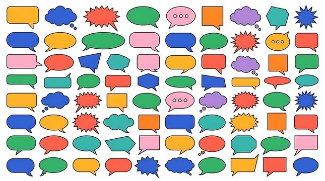 A vast compilation of vibrant comic book style speech bubbles and dynamic explosion bursts neatly organized in a grid on a clean