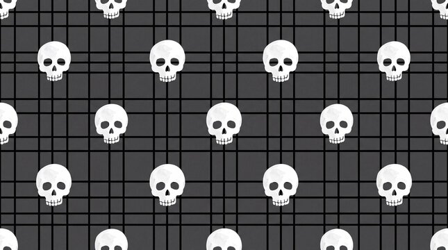 Spooky white skulls on dark grey plaid seamless pattern background