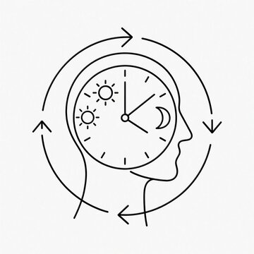 Linear icon of human head with internal clock showing circadian rhythm. Symbol day, night cycle with sun, moon. Concept for sleep patterns, biological rhythm, optimizing brain function through