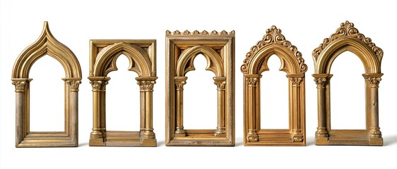 Fototapeta premium Six ornate gilded wooden frames with gothic arches arranged side by side against a white background