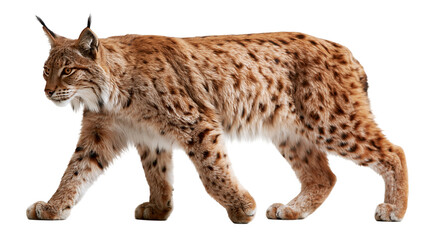 Eurasian lynx with spotted brown fur and tufted ears walking in profile © Thaddeus