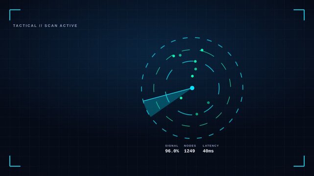4K futuristic HUD interface with rotating rings, radar scan and digital data readouts on dark background