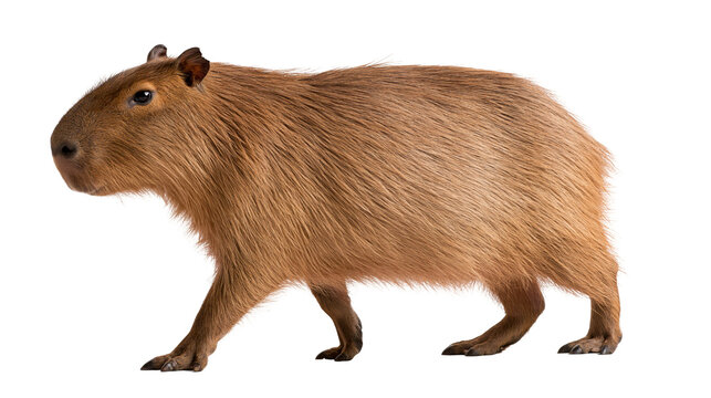 Full body side view of a brown capybara standing on all fours