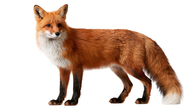 Full body side view of a red fox with thick orange fur and white chest markings
