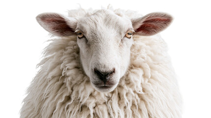 Close up portrait of a fluffy white sheep looking directly at the camera © Thaddeus