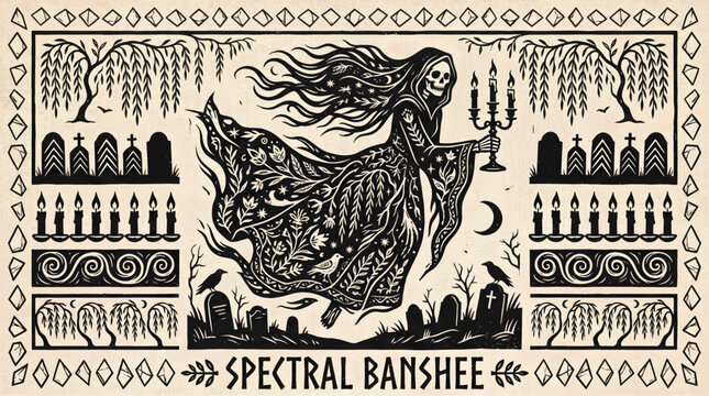 Spectral figure with candle and graveyard surroundings in dark woodcut style artwork with figure holding