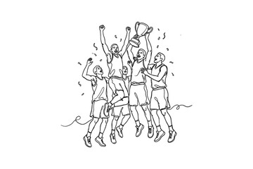 Fototapeta premium A continuous line drawing of a basketball team celebrating their championship victory with a trophy.