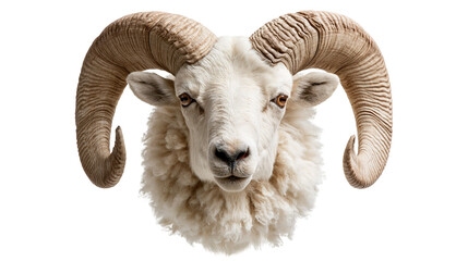 White ram head with large curved horns and thick woolly fur © Thaddeus