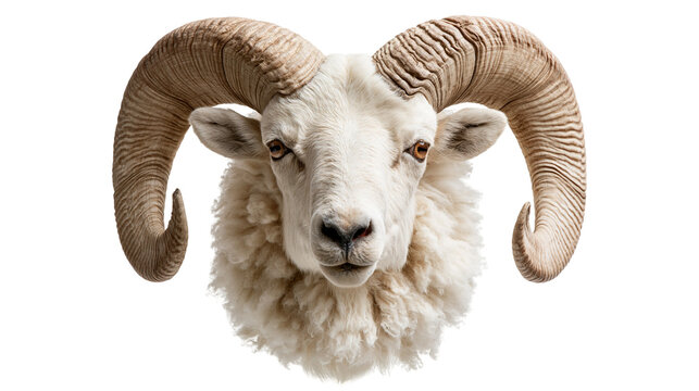 White ram head with large curved horns and thick woolly fur
