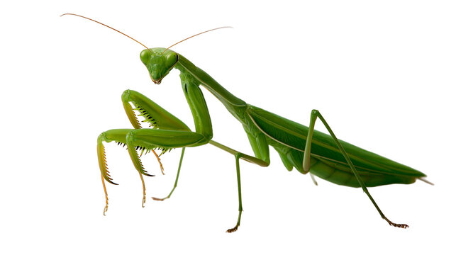 Bright green praying mantis insect with long antennae and spiky raptorial legs