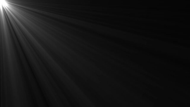 Abstract white light rays shining from left corner on dark background, cinematic optical lens flare effect, glowing sunbeams overlay for motion atmospheric lighting texture