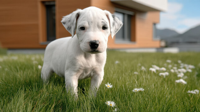 White puppy standing on green grass with daisies, modern house background, curious and playful expression