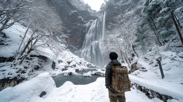 Winter Waterfall Hike. A lone hiker with a backpack stands before a majestic waterfall surrounded by snow-covered trees and rocks during winter