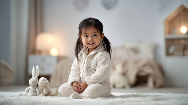 Child in Cozy Pajamas. A young child in soft pajamas sits on a fluffy rug with stuffed animals, ready for a cozy winter evening