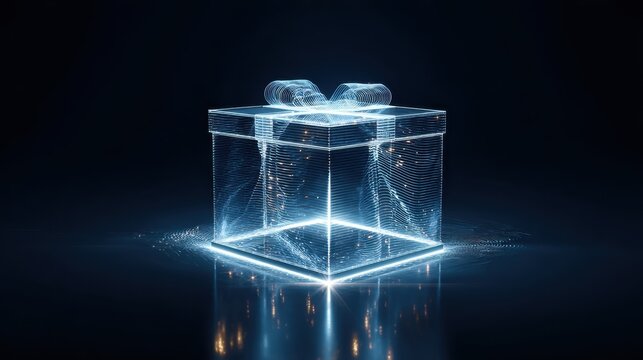 Digital Gift Box Hologram. A futuristic, glowing holographic gift box with a ribbon, symbolizing digital presents and online celebrations