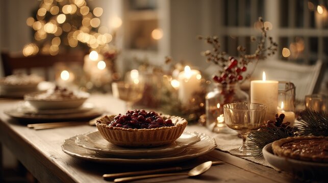Festive Holiday Dinner Table Setting. A beautifully set table with pies, candles, and festive decorations creates a warm atmosphere for a holiday gathering