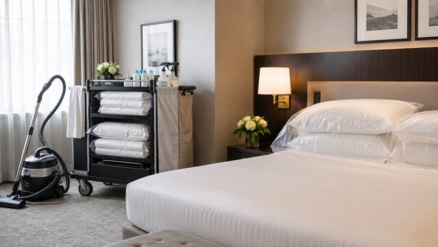 Hotel room with cleaning service setup and neatly made bed during daytime hours in a modern setting with simple decor and organization