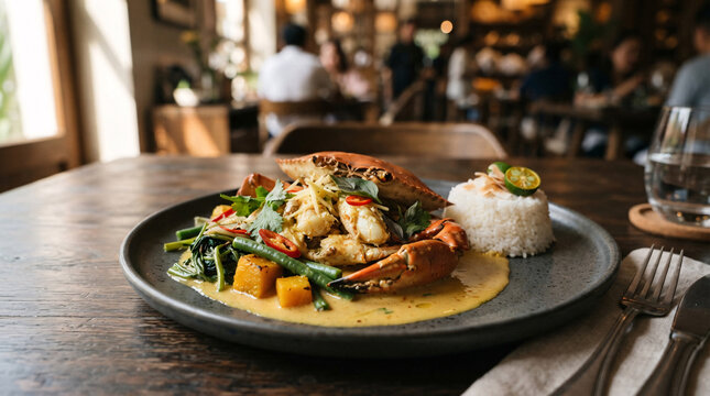Restaurant-style crab in coconut sauce with vegetables, herbs, calamansi, and steamed rice