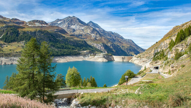 view on lake of a dam in the mountain landscape, lac of chevril in French Alps, Tignes, Savoie, France, Europe
