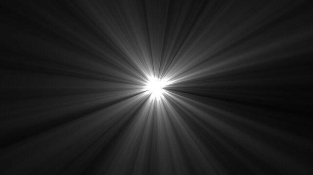 Radiant white light burst with cinematic lens flare effect, glowing starburst overlay for motion abstract bright sunbeam rays emitting from center, high-contrast visual overlay