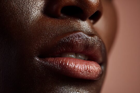 Macro Close-up of Moist Dark Skin and Full Glossy Lips