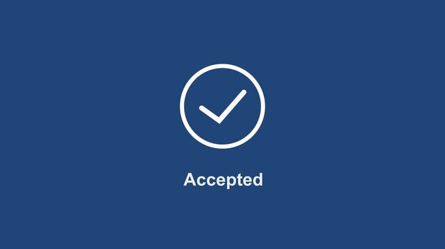 Minimalist animated accepted status with smooth checkmark motion on a deep blue background, for corporate ui, digital interface business, approval, and success notification