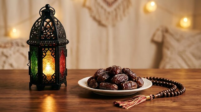Ramadan Lantern with Plate of Dates and Tasbih on Wooden Table