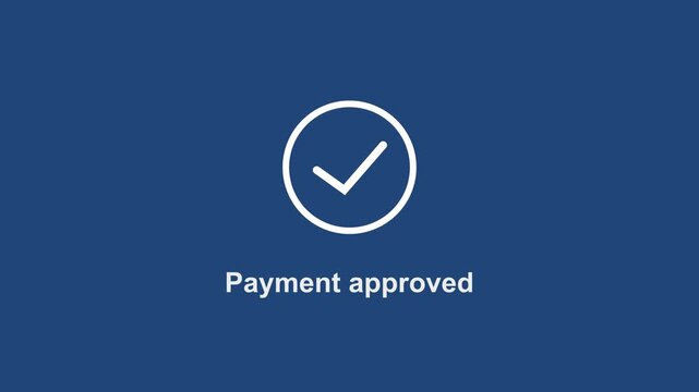 Digital payment approved notification interface featuring a minimalist animated checkmark on a dark blue background, for e-commerce, banking, fintech, and secure, online transaction systems