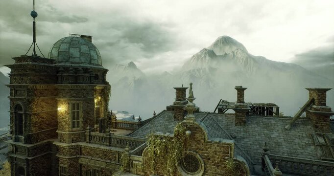 ornate fortress rooftop silhouetted against stormy twilight. spires and battlements rise from textured stone, mist drifts across parapets, cinematic energy