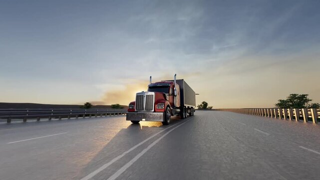 Red semi truck with a shipping container travels below a passenger airplane at sunset, representing global freight and intermodal logistics. 3D render, illustration.