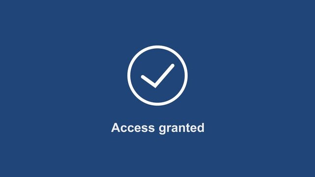 Digital security system interface displaying access granted notification with animated checkmark on a clean minimalist blue background, for cybersecurity, data, protection, and user authentication