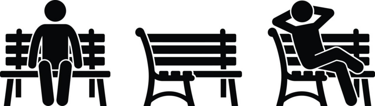 People sitting on park benches icons set