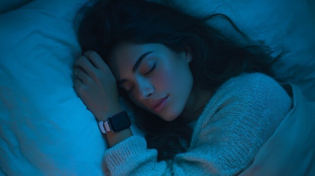 Young Woman Sleeping Wearing Smartwatch for Sleep Tracking at Night