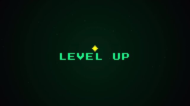 Retro 8 Bit Level up Message Showing Pixel Art Text and Glowing Star on Dark Arcade Background. 4K Video