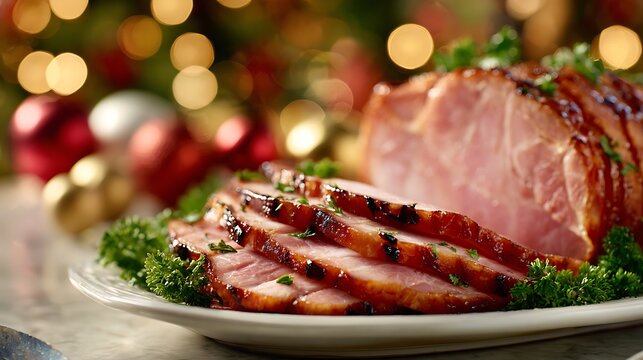Glazed Sliced Ham on Plate with Festive Christmas Bokeh Background
