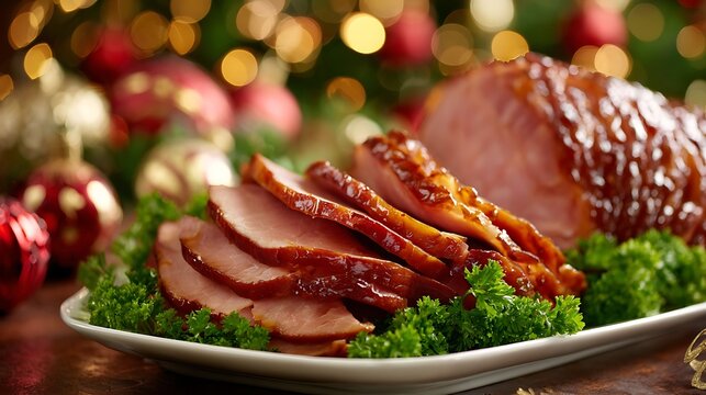 Honey Glazed Roasted Christmas Ham Slices on Festive Platter