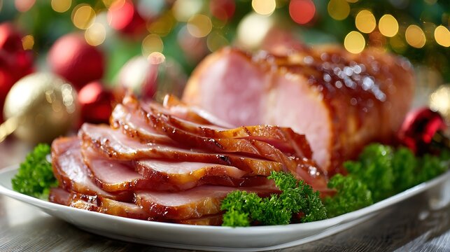 Sliced Honey Glazed Christmas Ham on Festive Holiday Dinner Table