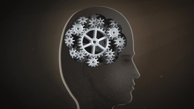 Human profile reveals interlocking gears turning inside the head against a dark cinematic background, visualizing thought and work processes for business and education media.