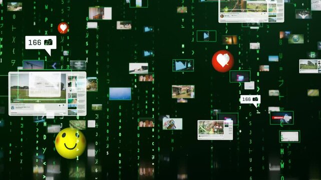 Dense digital media grid streams through green code with icons, messages, and video tiles, portraying information overload in a cinematic tech scene for marketing and AI content.