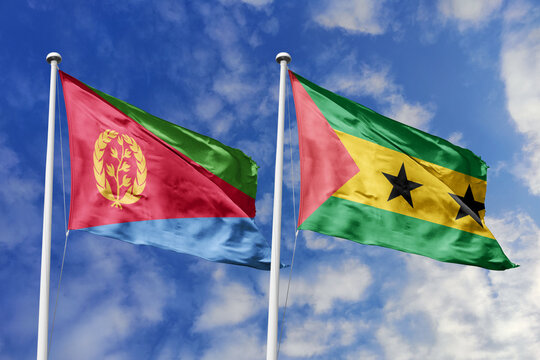 Eritrea and Sao Tome and Principe flags waving in a clear blue sky, symbolizing a powerful diplomacy, a strategic partnership, and a shared vision of unity for a sustainable future.