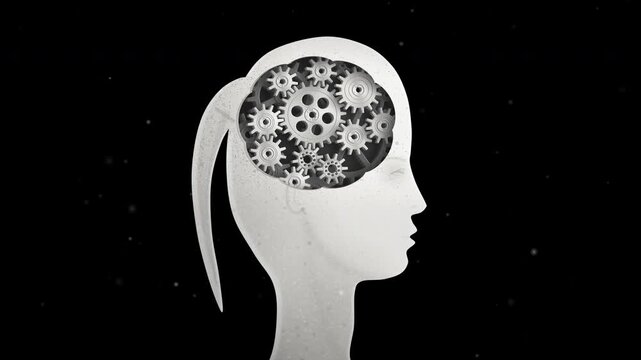 Female profile with visible mechanical gears illustrates active thinking on a black cinematic background, ideal for psychology, innovation, education, and business marketing.