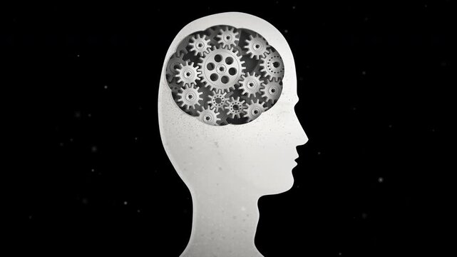 Male profile shows a network of interlocking gears inside the head on a black background, representing logic and cognition for corporate, education, and innovation media.