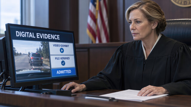 Judge Reviews Digital Evidence on Monitor During Court Hearing