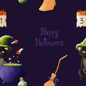 Halloween similar pattern made in Procreate in Watercolor technique. JPEG file. 300 DPI. Raster. RGB
