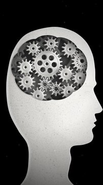 Vertical male head silhouette reveals detailed gears working inside the brain, creating a focused concept of reasoning for mobile business, education, and technology advertising