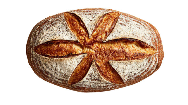 Round sourdough bread loaf with star shaped scoring and golden brown crust