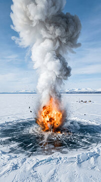 A powerful explosion erupting through thick ice on a frozen lake during winter.
