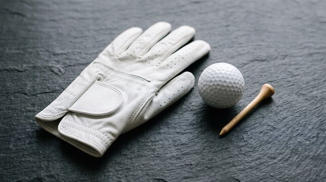 White Golf Glove with Ball and Tee on Slate.