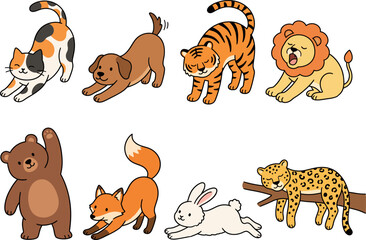 Obraz premium Cute Cartoon Animal Characters Stretching and Resting