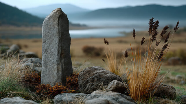 Weathered stone tablet stands among rocks, dry grass, and misty hills, evoking ancient, tranquil landscape